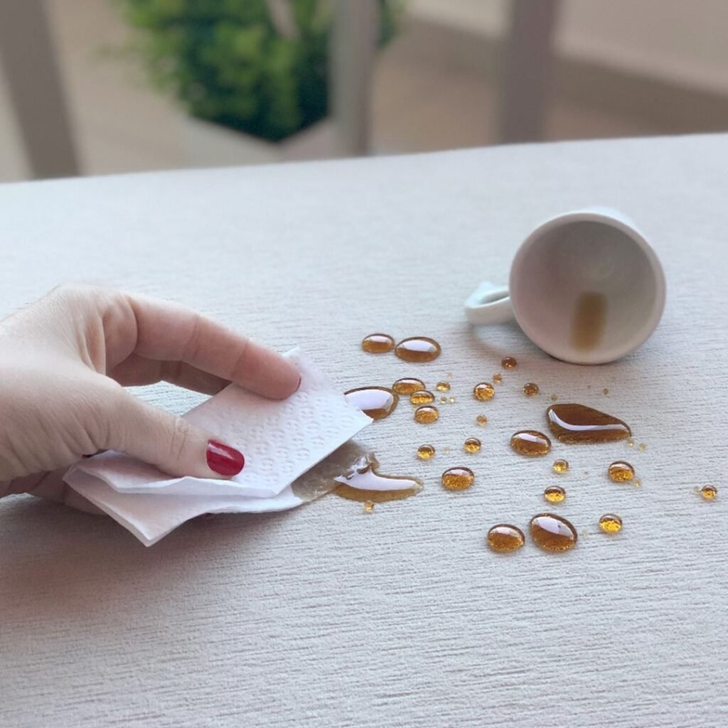 Gotas de café paradas sobre tecido impermeabilizado, sendo recolhidas com papel toalha