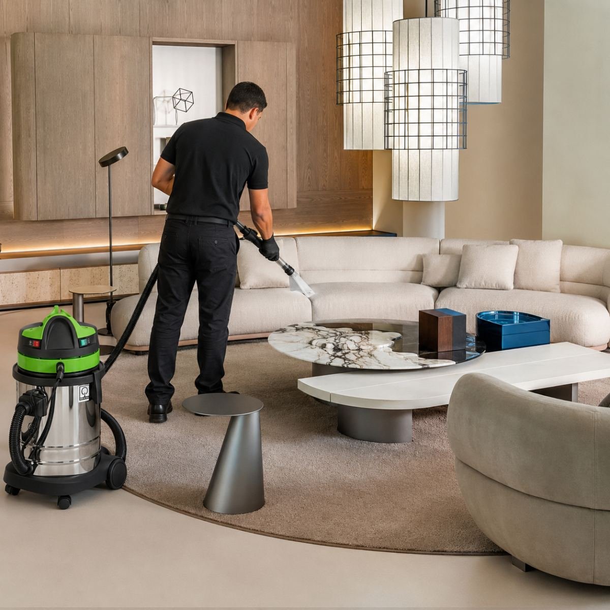 Técnico higienizando um sofá claro com extratora profissional na sala de estar