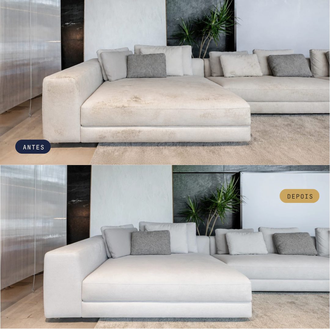 Antes e depois de um sofá modular higienizado pela LeWash